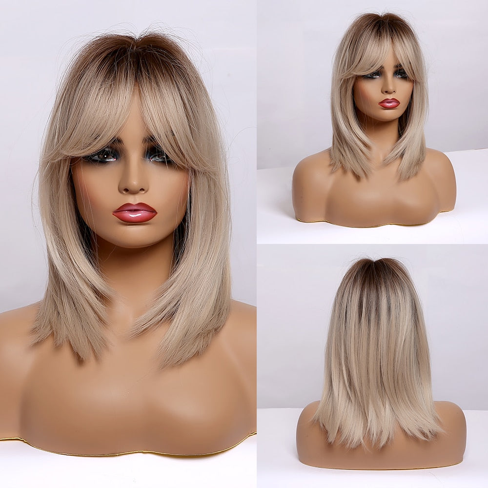 EASIHAIR Synthetic Wigs for Women Ombre Brown Blonde Wigs with Bangs Layered Cosplay Wigs Heat Resistant Medium Length Wig