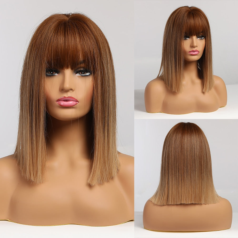 EASIHAIR Synthetic Wigs for Women Ombre Brown Blonde Wigs with Bangs Layered Cosplay Wigs Heat Resistant Medium Length Wig