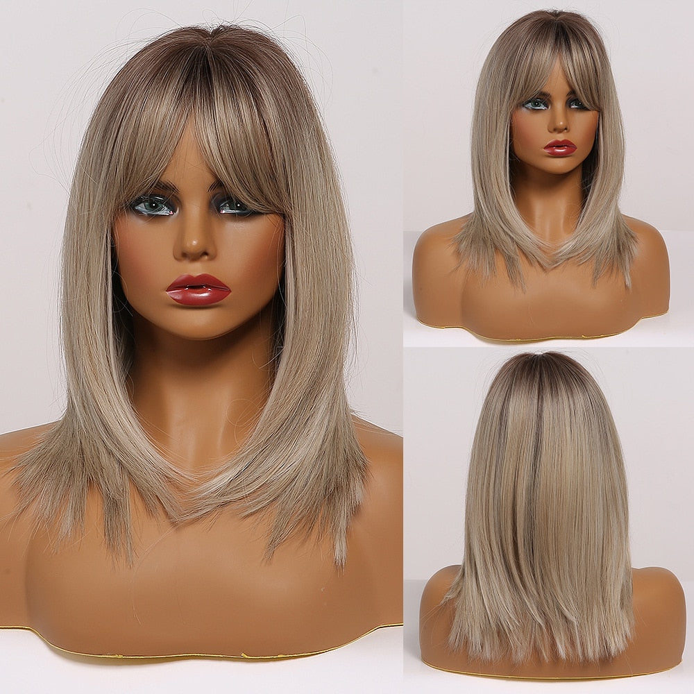 EASIHAIR Synthetic Wigs for Women Ombre Brown Blonde Wigs with Bangs Layered Cosplay Wigs Heat Resistant Medium Length Wig