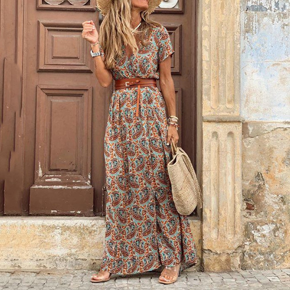 Women V Neck Short Sleeve Paisley Print Belt Large Hem Beach Long Dress