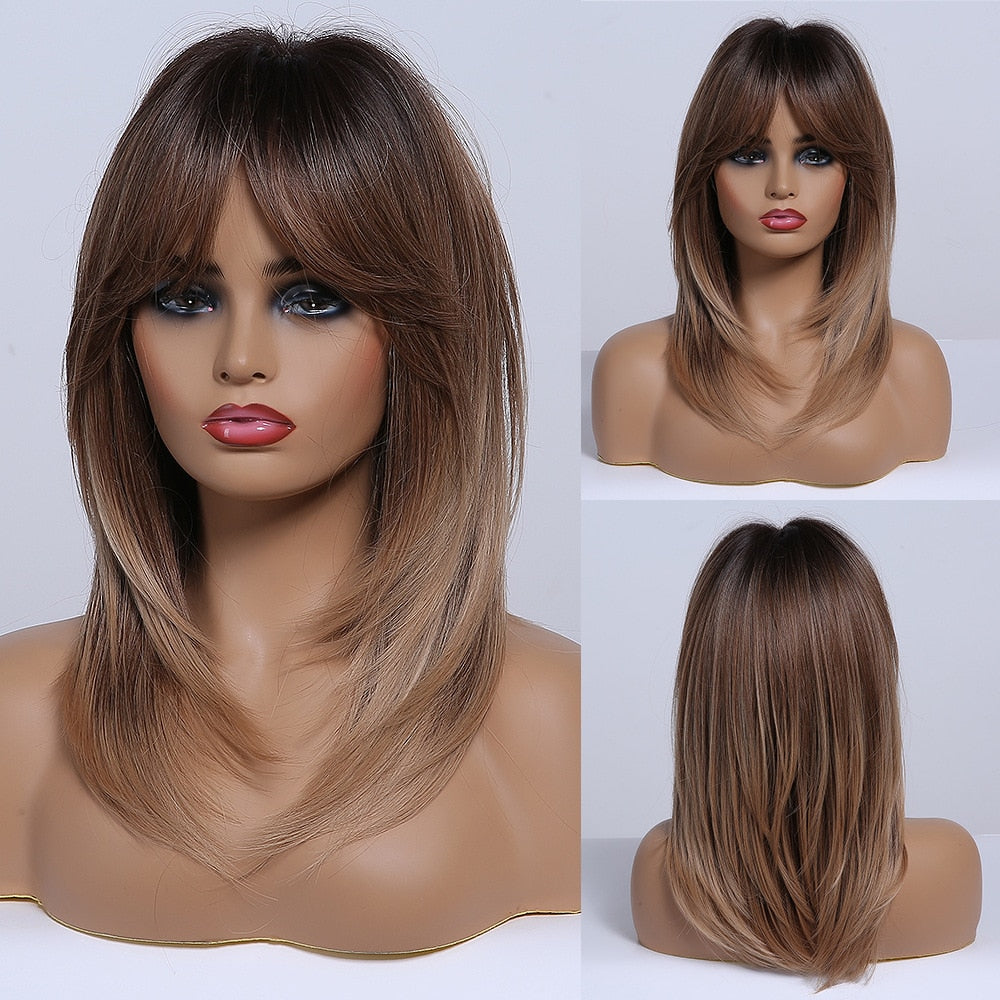 EASIHAIR Synthetic Wigs for Women Ombre Brown Blonde Wigs with Bangs Layered Cosplay Wigs Heat Resistant Medium Length Wig