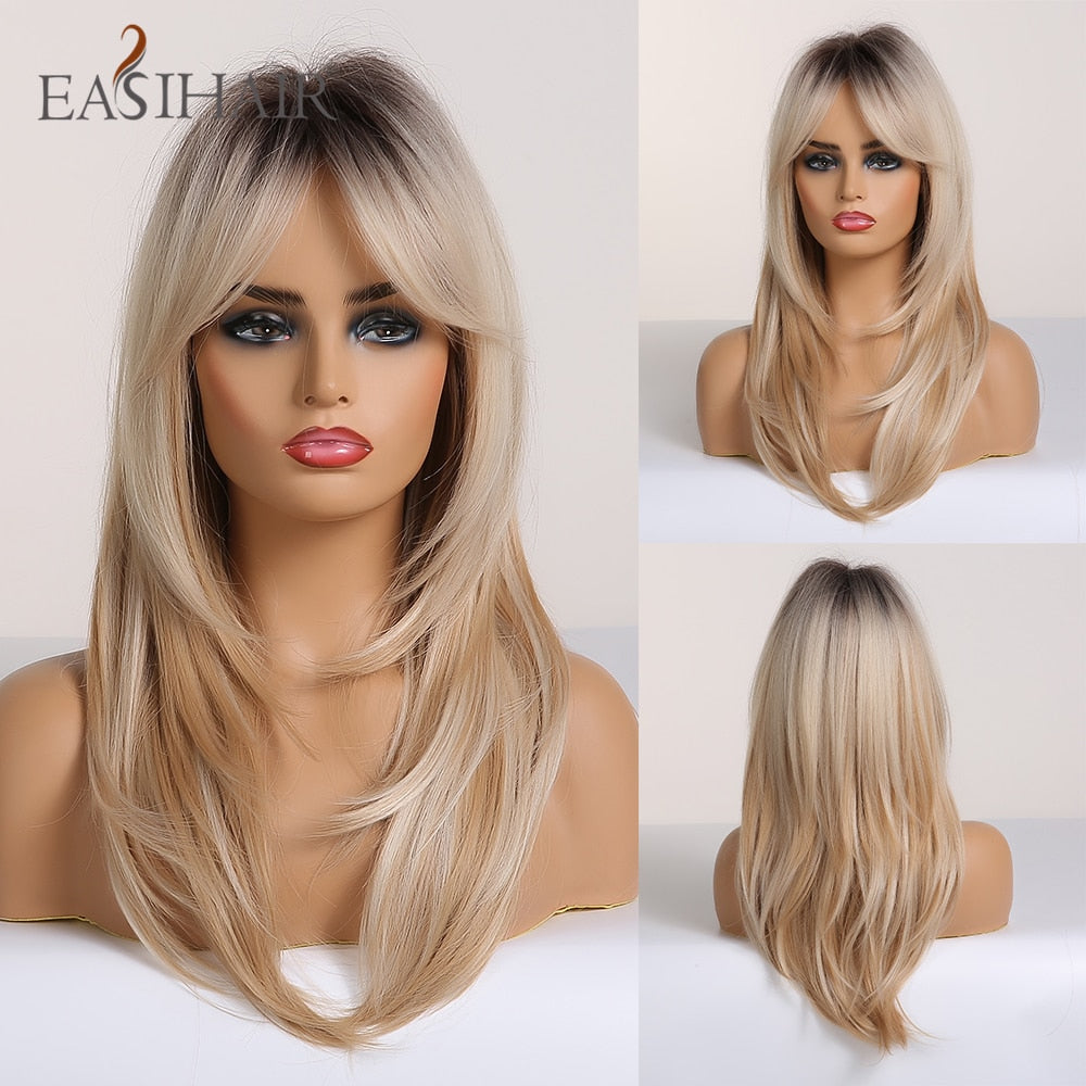 EASIHAIR Synthetic Wigs for Women Ombre Brown Blonde Wigs with Bangs Layered Cosplay Wigs Heat Resistant Medium Length Wig