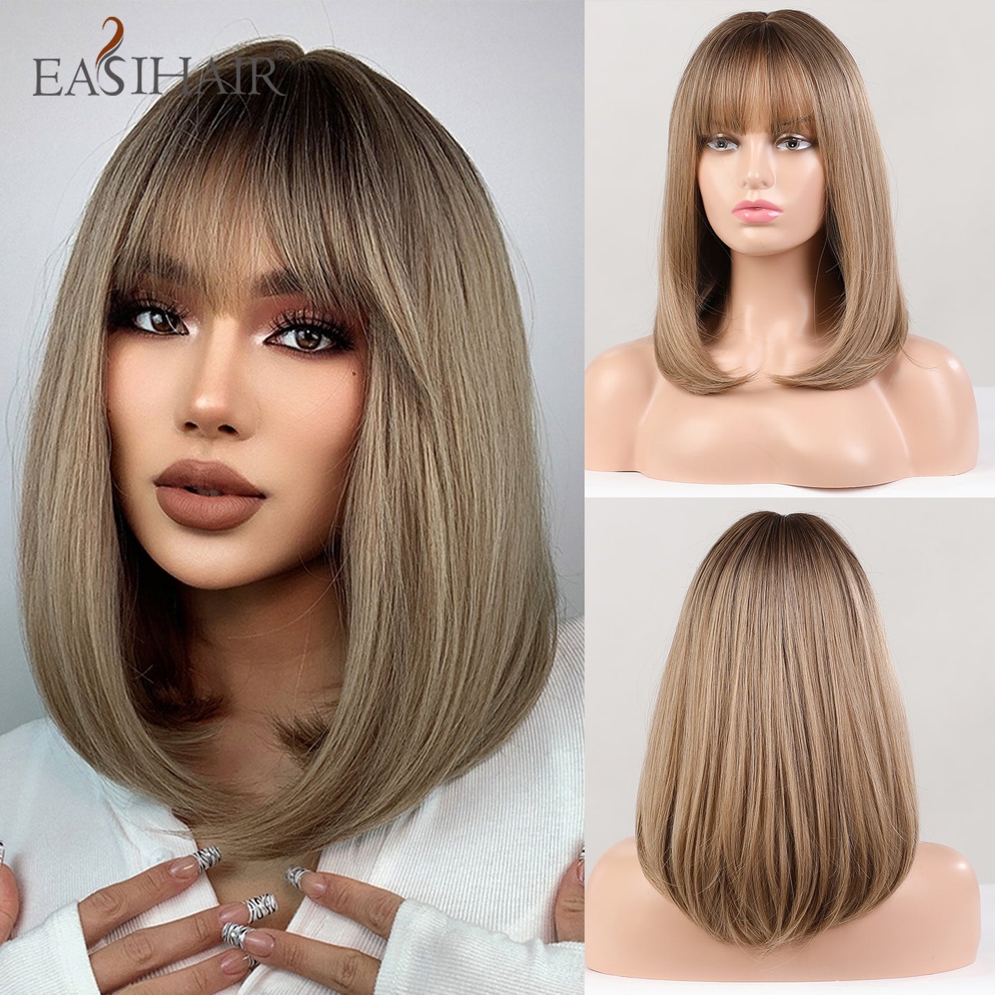 EASIHAIR Synthetic Wigs for Women Ombre Brown Blonde Wigs with Bangs Layered Cosplay Wigs Heat Resistant Medium Length Wig