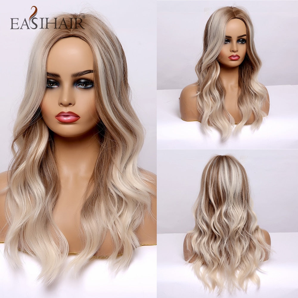 EASIHAIR Synthetic Wigs for Women Ombre Brown Blonde Wigs with Bangs Layered Cosplay Wigs Heat Resistant Medium Length Wig