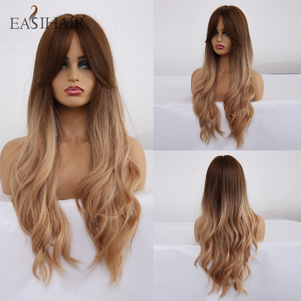 EASIHAIR Synthetic Wigs for Women Ombre Brown Blonde Wigs with Bangs Layered Cosplay Wigs Heat Resistant Medium Length Wig