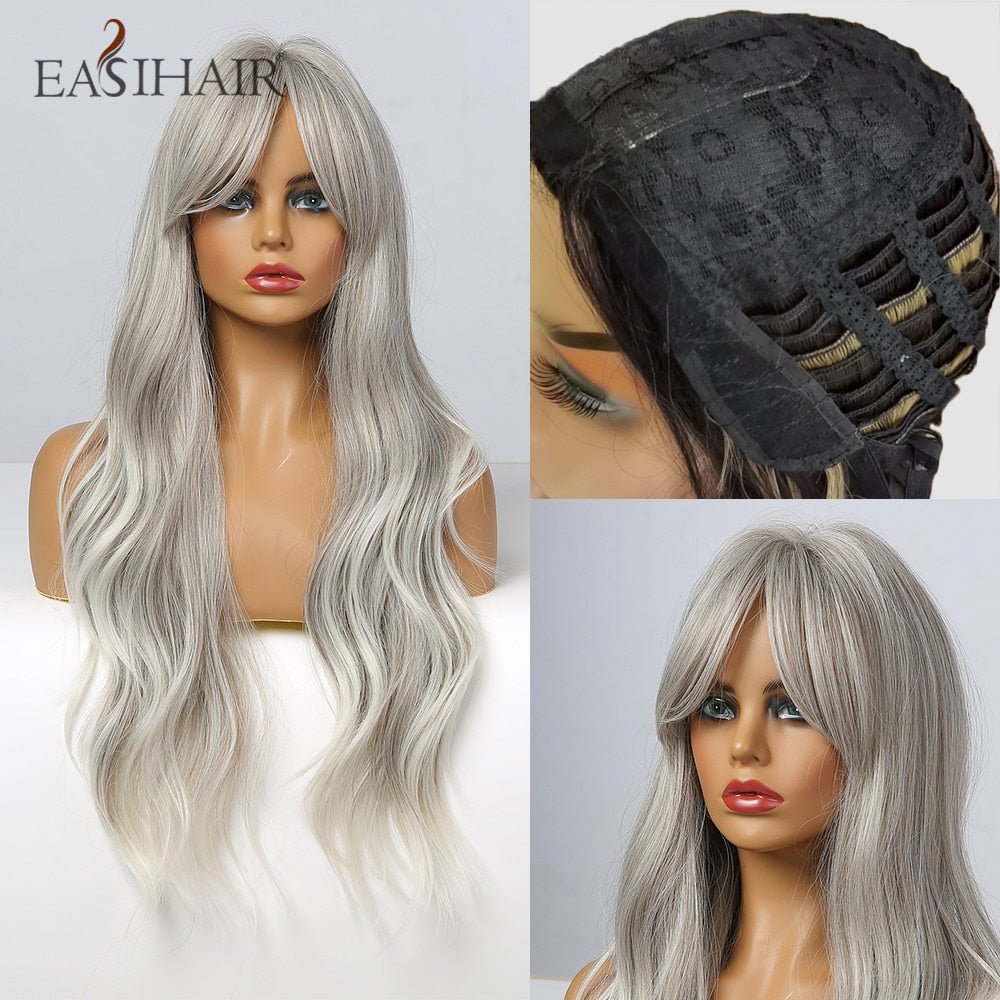 EASIHAIR Synthetic Wigs for Women Ombre Brown Blonde Wigs with Bangs Layered Cosplay Wigs Heat Resistant Medium Length Wig