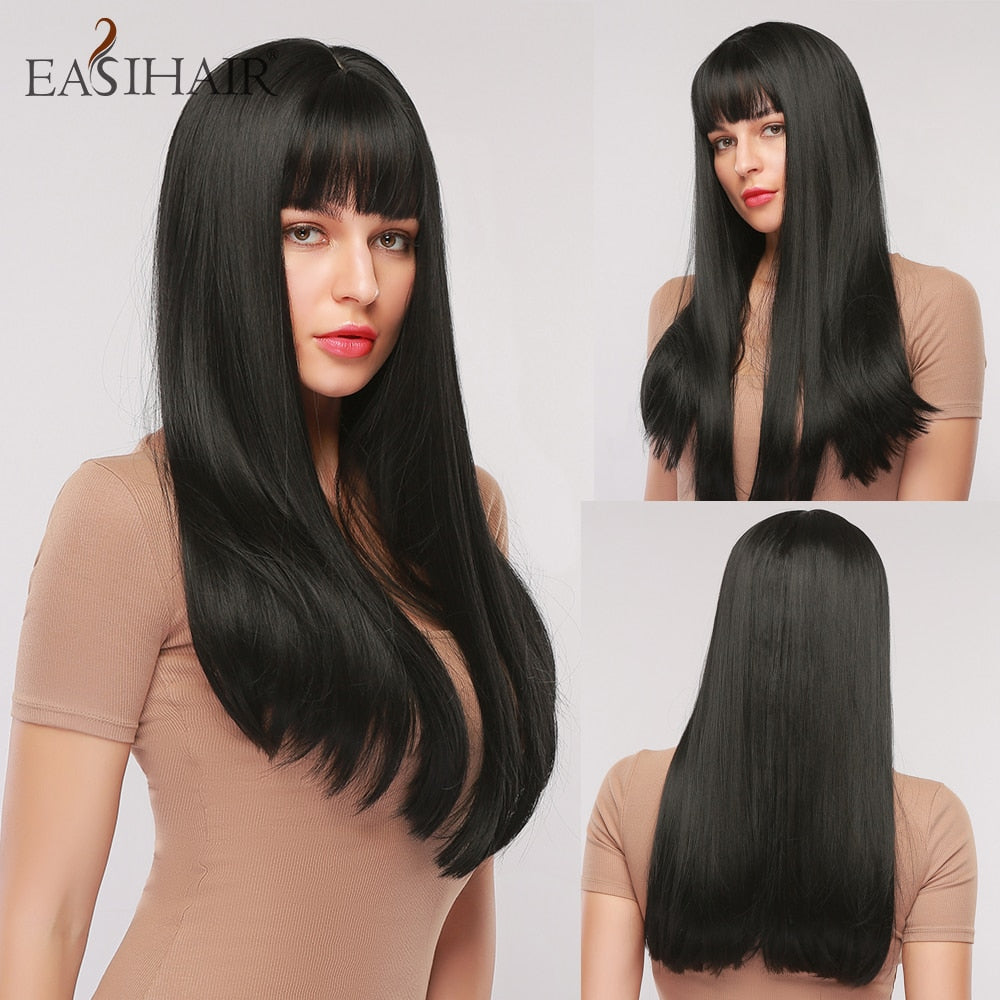 EASIHAIR Synthetic Wigs for Women Ombre Brown Blonde Wigs with Bangs Layered Cosplay Wigs Heat Resistant Medium Length Wig