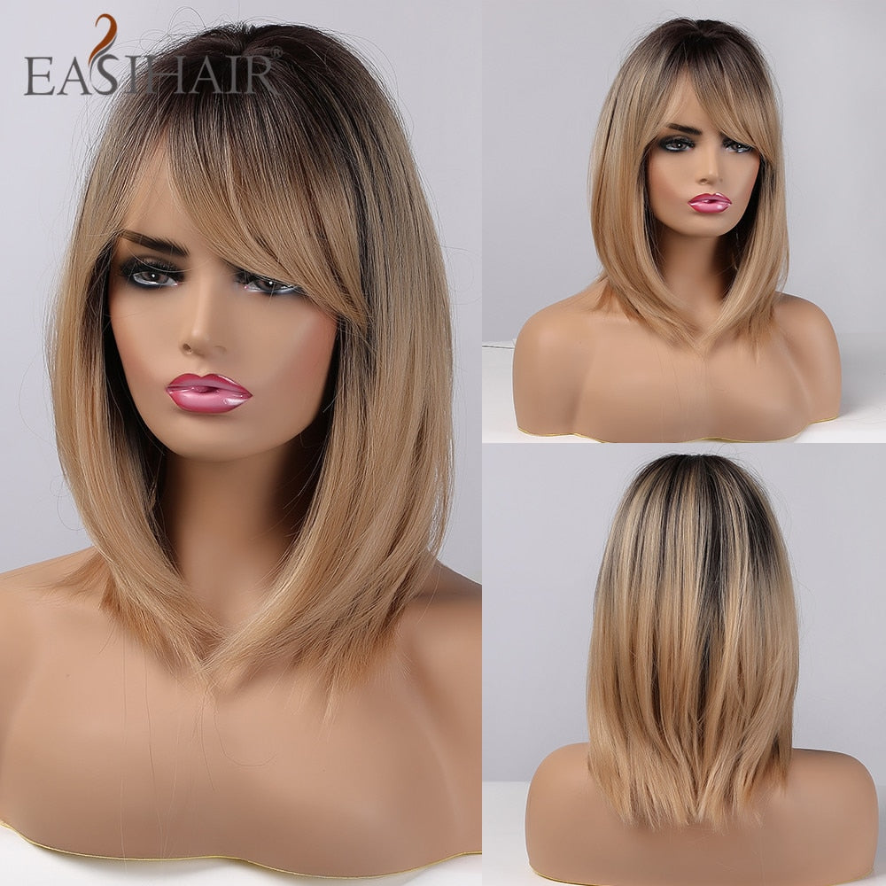 EASIHAIR Synthetic Wigs for Women Ombre Brown Blonde Wigs with Bangs Layered Cosplay Wigs Heat Resistant Medium Length Wig