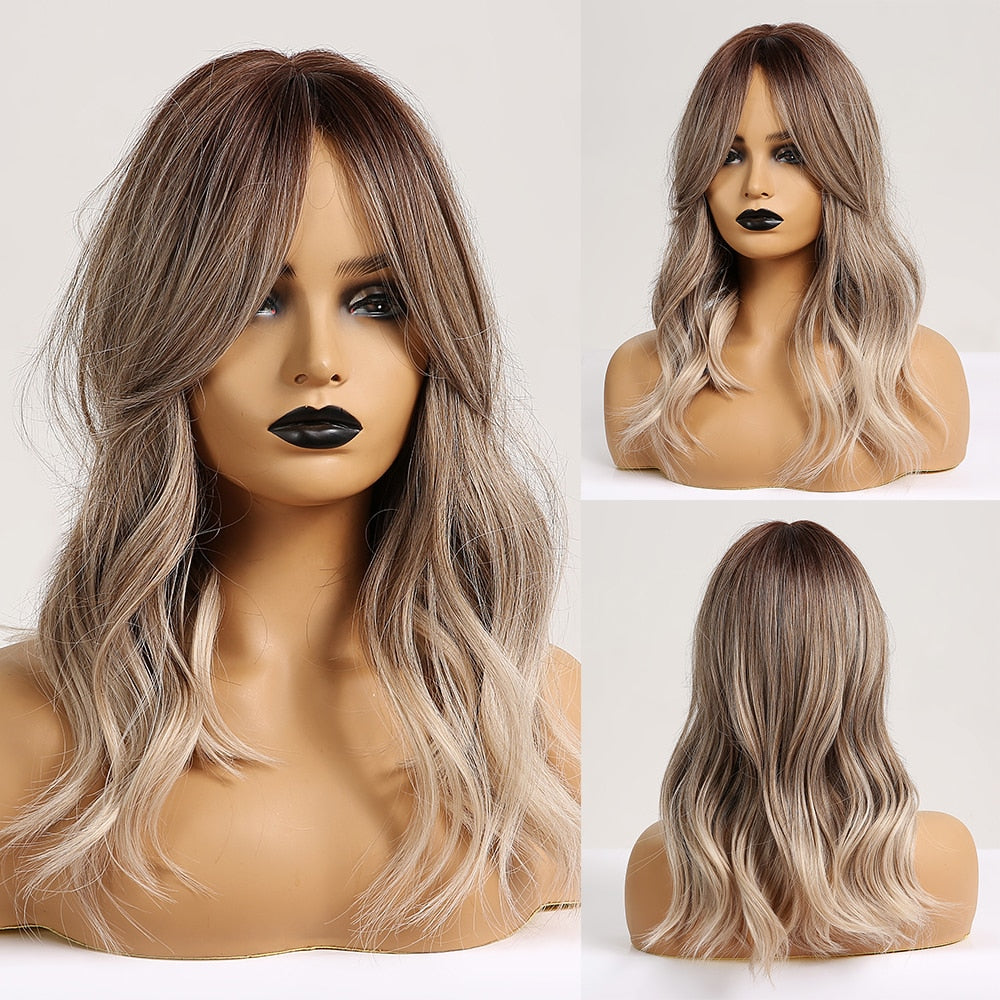 EASIHAIR Synthetic Wigs for Women Ombre Brown Blonde Wigs with Bangs Layered Cosplay Wigs Heat Resistant Medium Length Wig