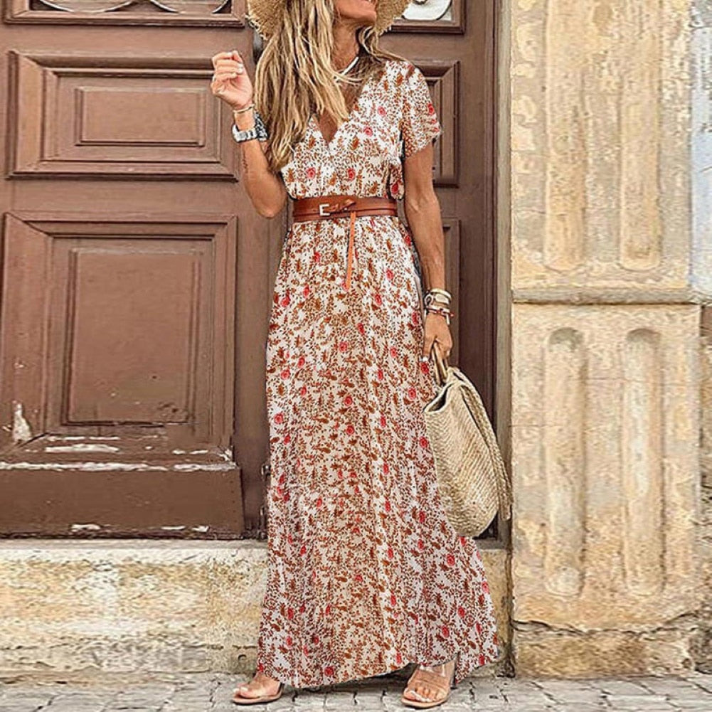 Women V Neck Short Sleeve Paisley Print Belt Large Hem Beach Long Dress