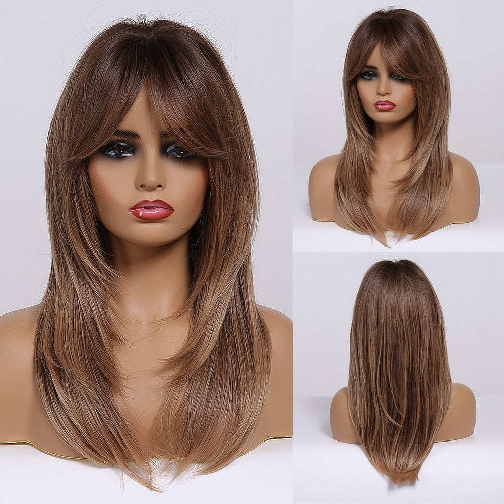 EASIHAIR Synthetic Wigs for Women Ombre Brown Blonde Wigs with Bangs Layered Cosplay Wigs Heat Resistant Medium Length Wig