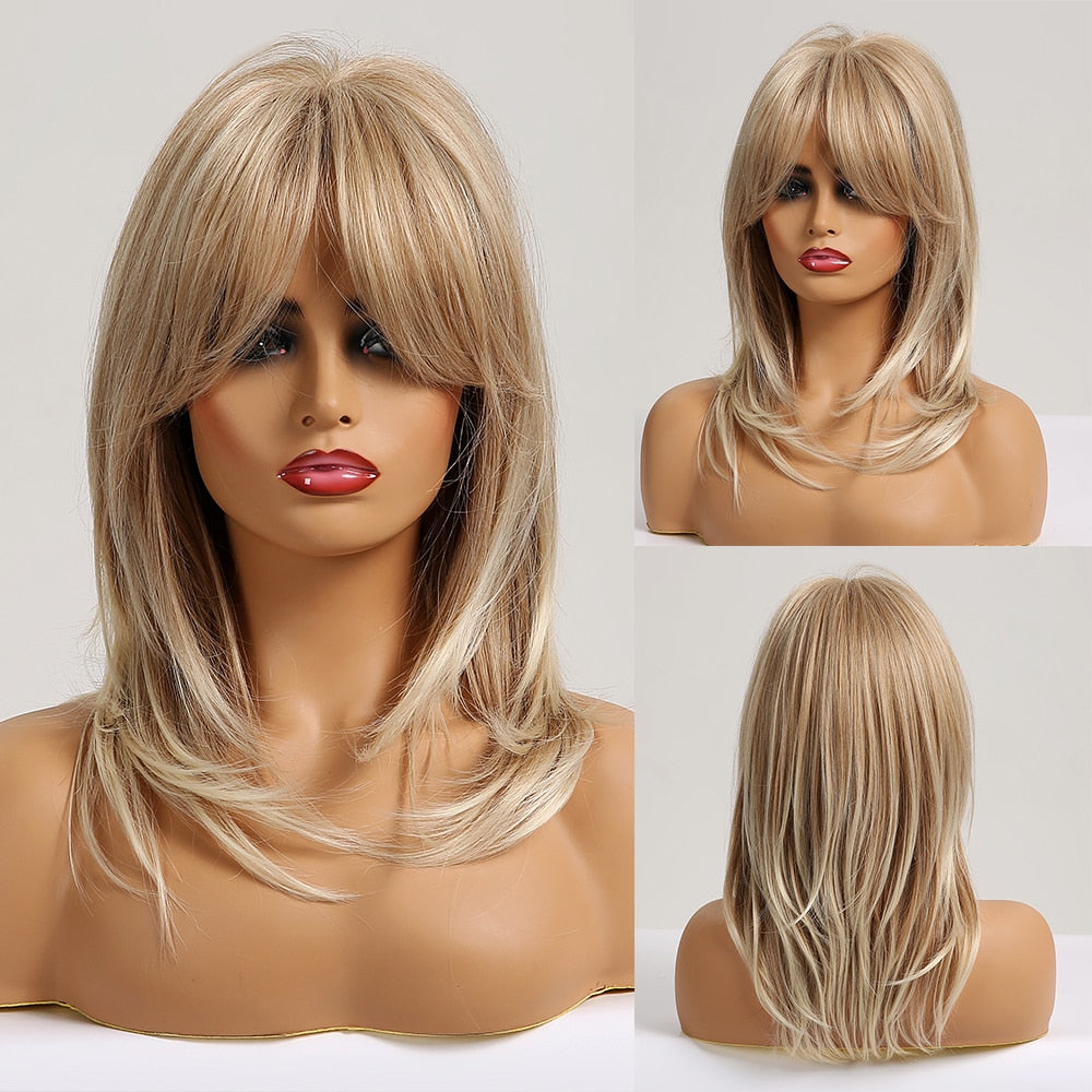 EASIHAIR Synthetic Wigs for Women Ombre Brown Blonde Wigs with Bangs Layered Cosplay Wigs Heat Resistant Medium Length Wig