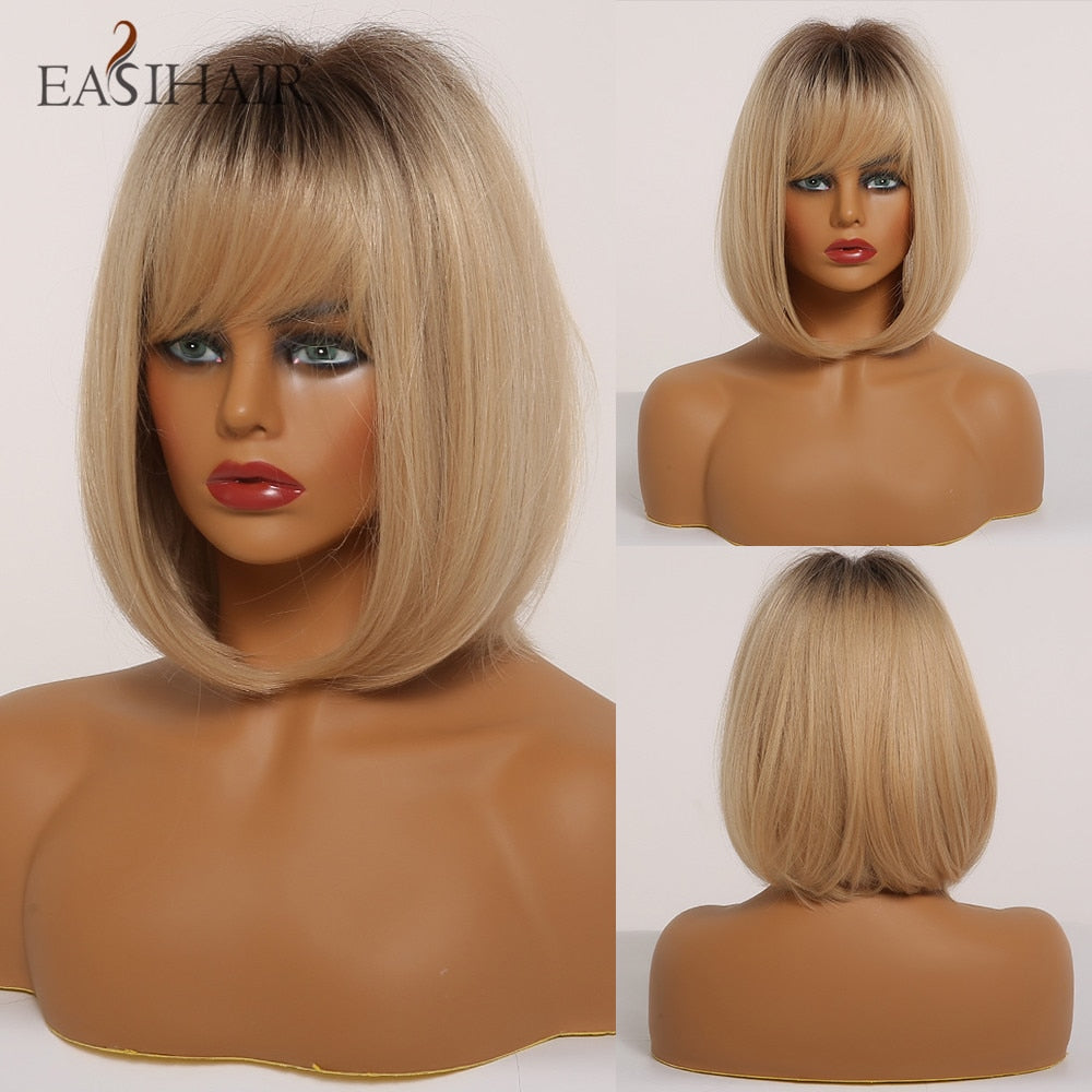 EASIHAIR Synthetic Wigs for Women Ombre Brown Blonde Wigs with Bangs Layered Cosplay Wigs Heat Resistant Medium Length Wig