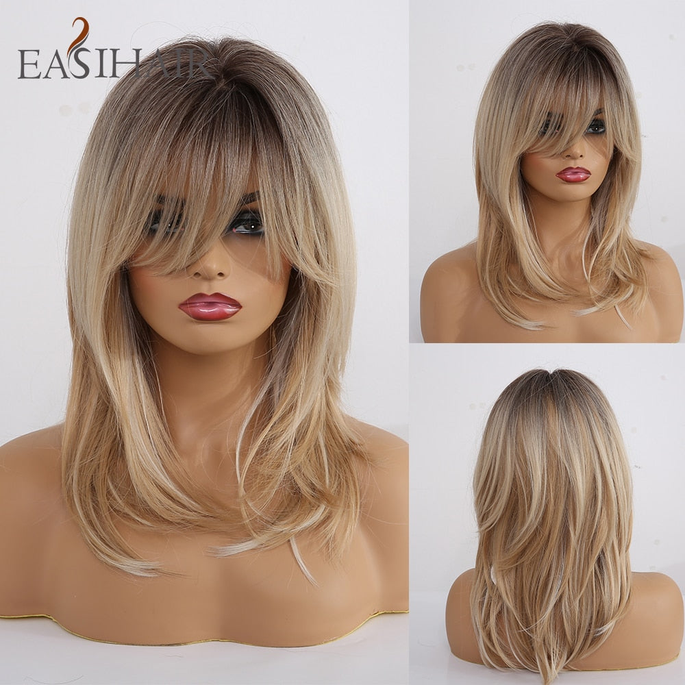 EASIHAIR Synthetic Wigs for Women Ombre Brown Blonde Wigs with Bangs Layered Cosplay Wigs Heat Resistant Medium Length Wig