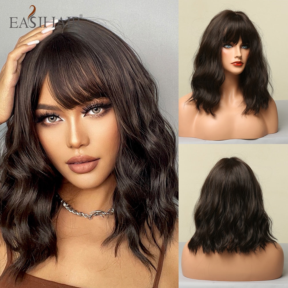 EASIHAIR Synthetic Wigs for Women Ombre Brown Blonde Wigs with Bangs Layered Cosplay Wigs Heat Resistant Medium Length Wig