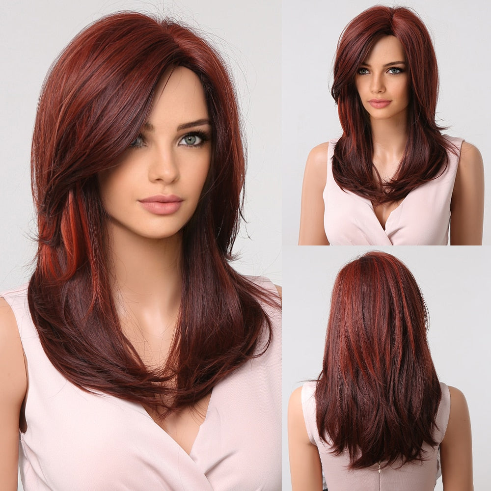 EASIHAIR Synthetic Wigs for Women Ombre Brown Blonde Wigs with Bangs Layered Cosplay Wigs Heat Resistant Medium Length Wig