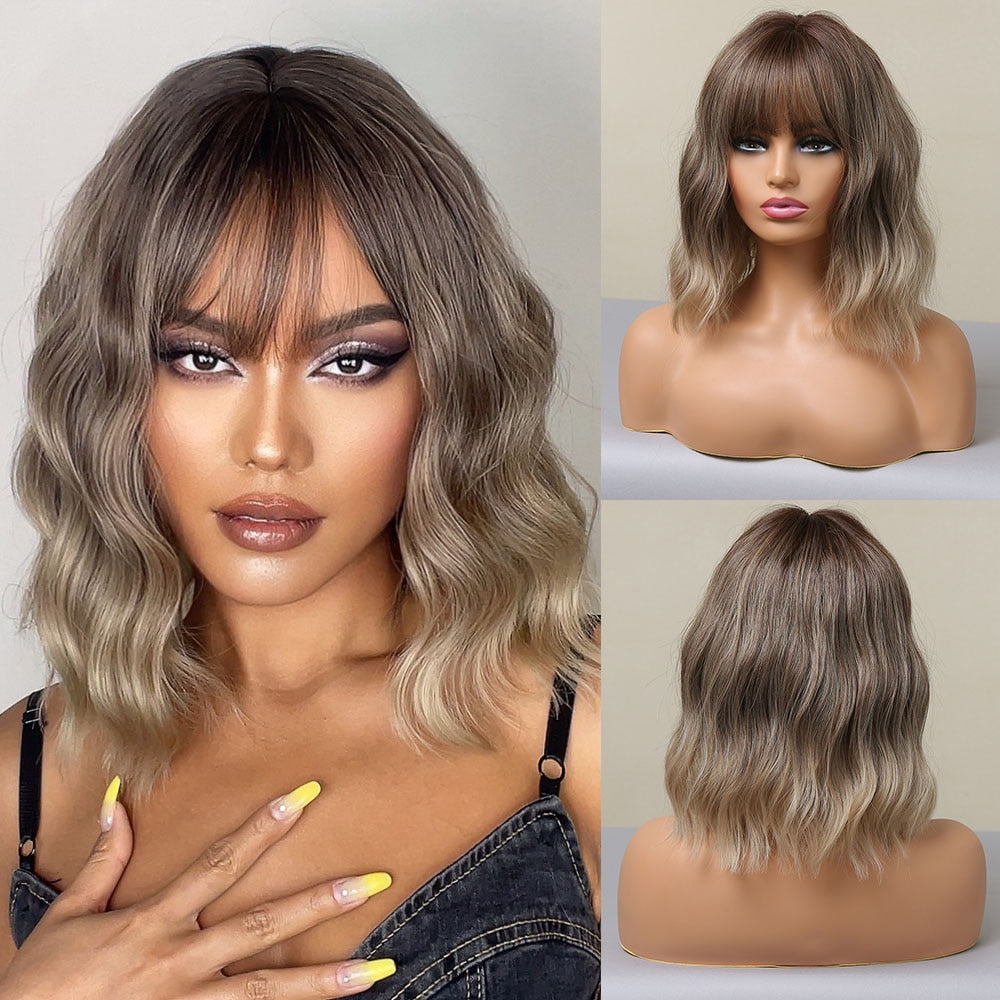 EASIHAIR Synthetic Wigs for Women Ombre Brown Blonde Wigs with Bangs Layered Cosplay Wigs Heat Resistant Medium Length Wig