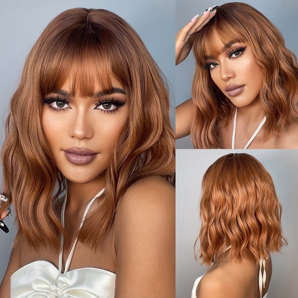 EASIHAIR Synthetic Wigs for Women Ombre Brown Blonde Wigs with Bangs Layered Cosplay Wigs Heat Resistant Medium Length Wig