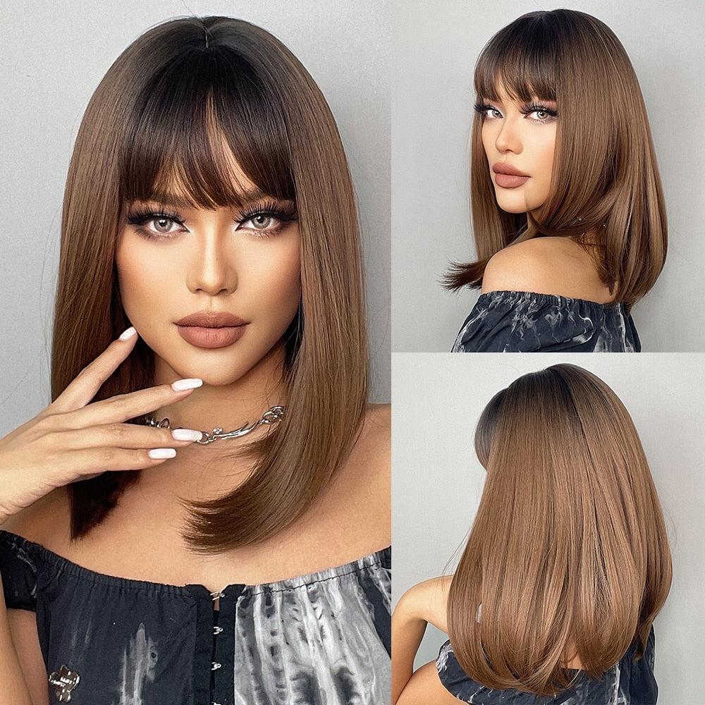 EASIHAIR Synthetic Wigs for Women Ombre Brown Blonde Wigs with Bangs Layered Cosplay Wigs Heat Resistant Medium Length Wig