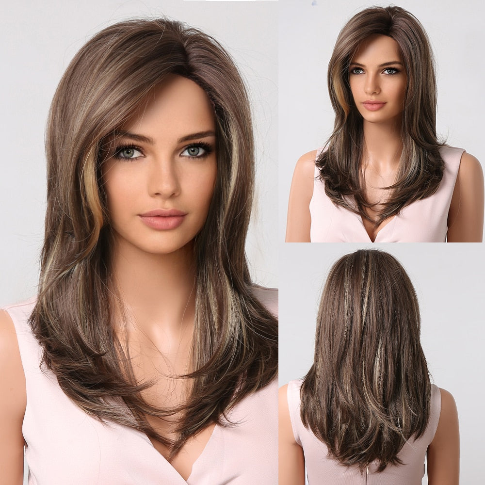 EASIHAIR Synthetic Wigs for Women Ombre Brown Blonde Wigs with Bangs Layered Cosplay Wigs Heat Resistant Medium Length Wig