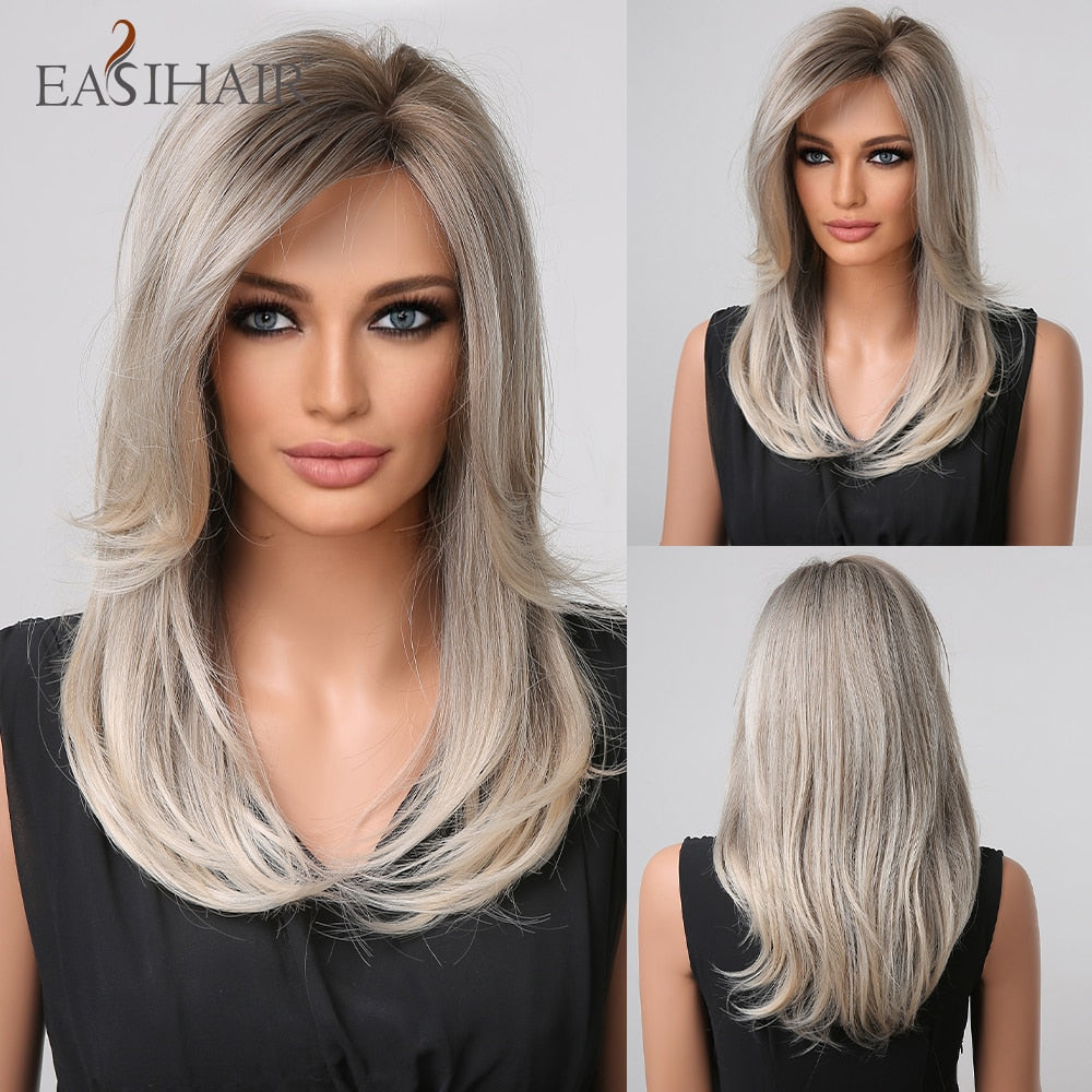 EASIHAIR Synthetic Wigs for Women Ombre Brown Blonde Wigs with Bangs Layered Cosplay Wigs Heat Resistant Medium Length Wig