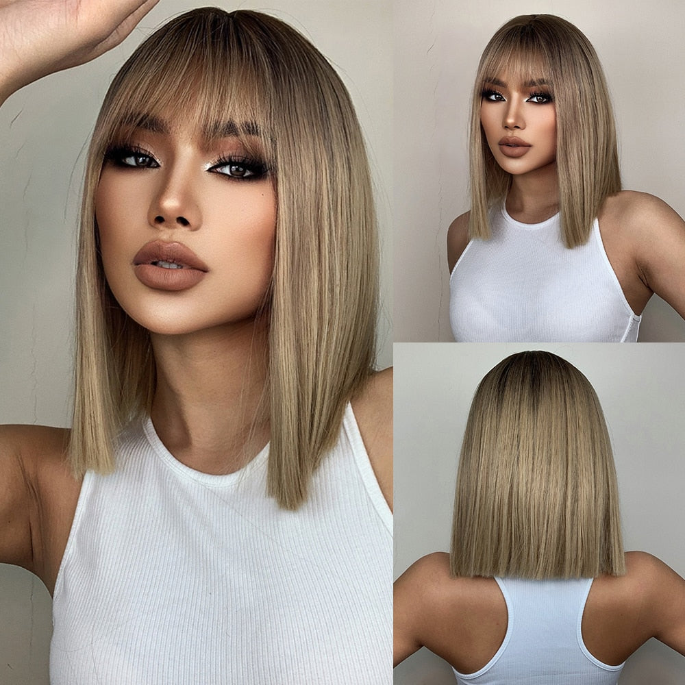 EASIHAIR Synthetic Wigs for Women Ombre Brown Blonde Wigs with Bangs Layered Cosplay Wigs Heat Resistant Medium Length Wig