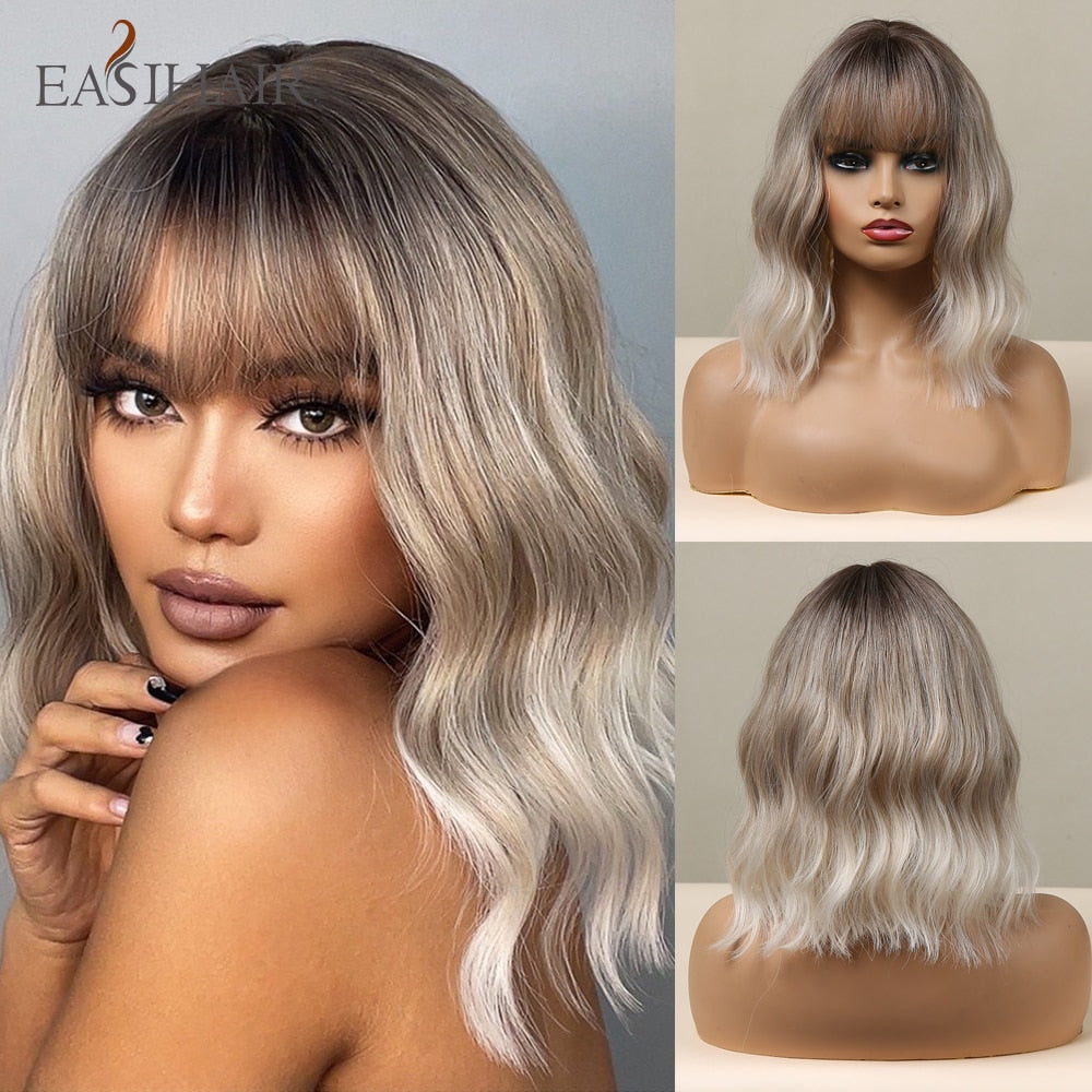 EASIHAIR Synthetic Wigs for Women Ombre Brown Blonde Wigs with Bangs Layered Cosplay Wigs Heat Resistant Medium Length Wig