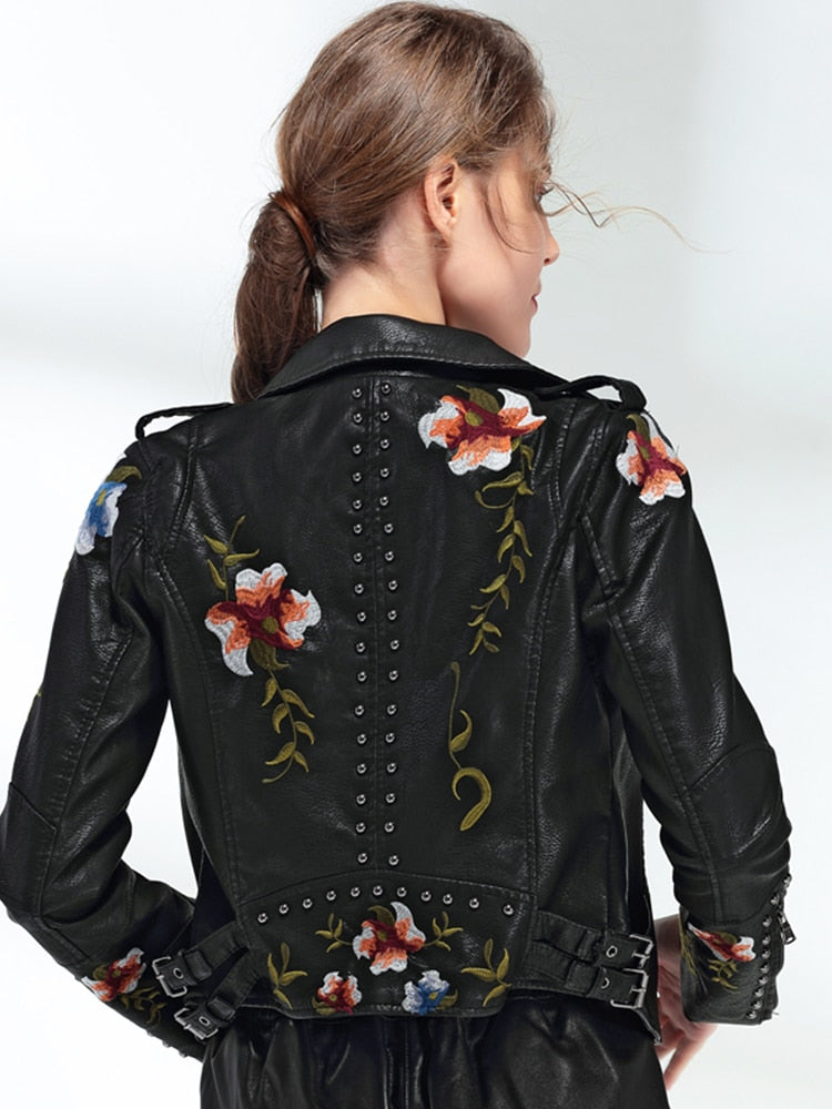 Ftlzz Women Floral Print Embroidery Faux Soft Leather Jacket Coat  Turn-down Collar Casual Pu Motorcycle Black Punk Outerwear