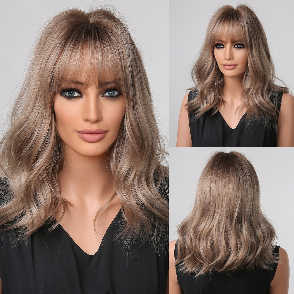 EASIHAIR Synthetic Wigs for Women Ombre Brown Blonde Wigs with Bangs Layered Cosplay Wigs Heat Resistant Medium Length Wig