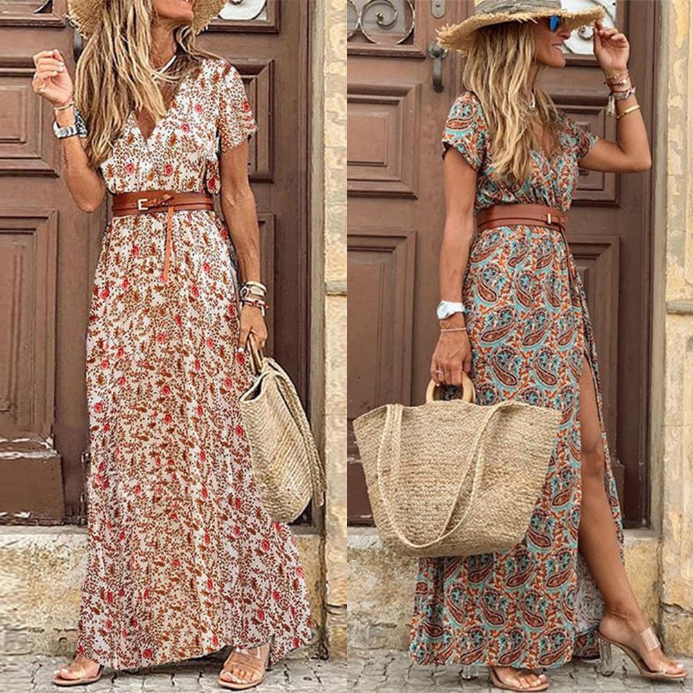 Women V Neck Short Sleeve Paisley Print Belt Large Hem Beach Long Dress